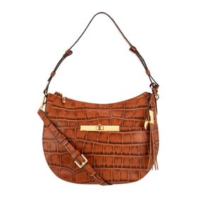 G.I.L.I. Genuine Leather Croc-Embossed Shoulder/Crossbody Crescent‎ Bag Brown